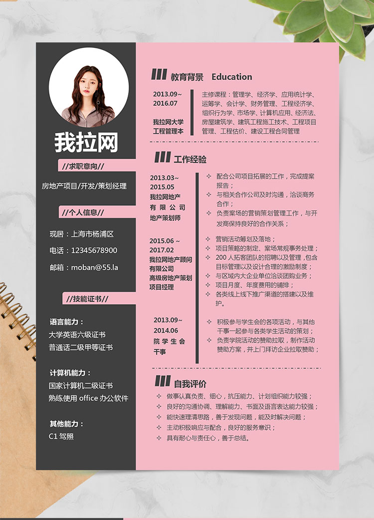 粉色系創(chuàng)意風房地產(chǎn)策劃經(jīng)理簡歷