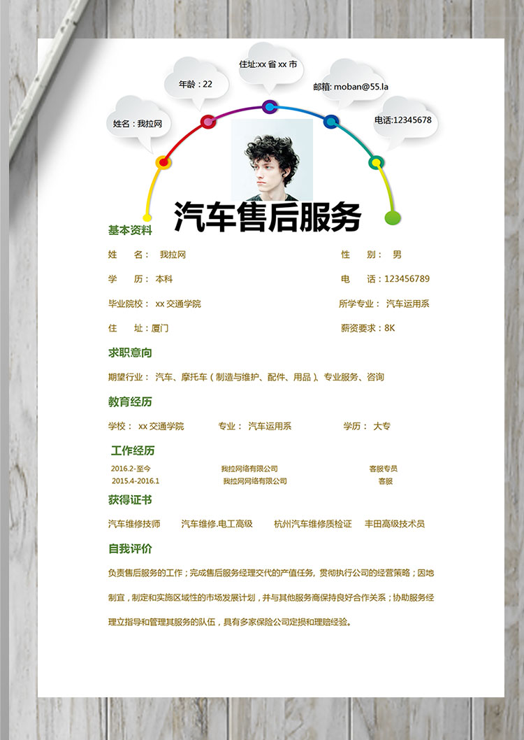 彩色系創意風汽車售后服務簡歷模板-1