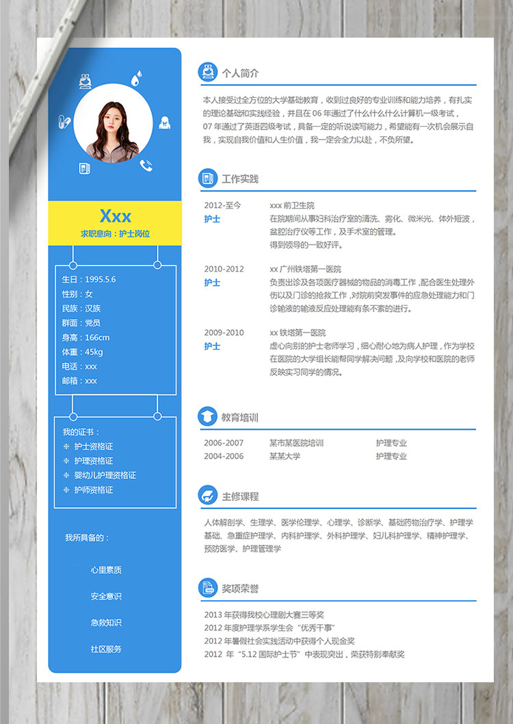 藍白色簡約婦科室護士簡歷模板-1