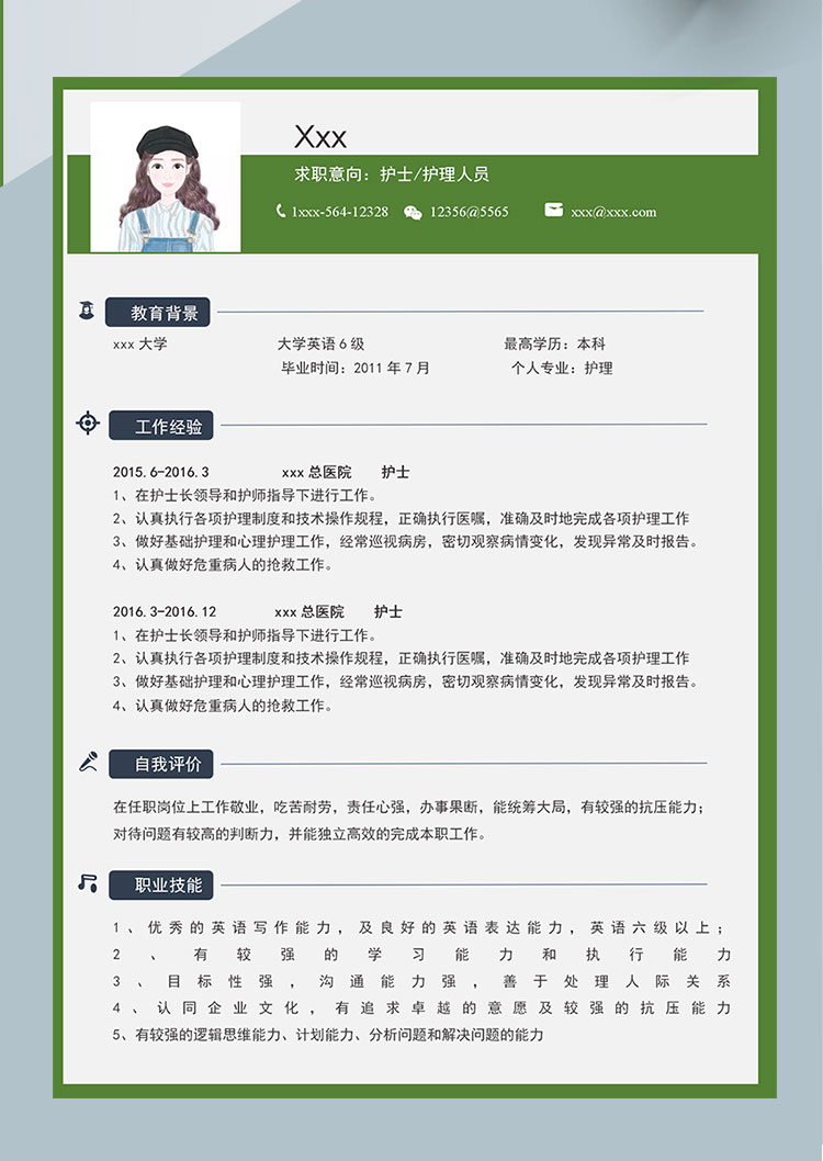 綠色方框簡約護士護理個人簡歷-1