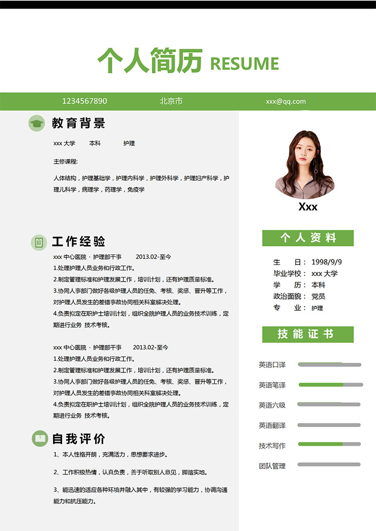 綠色方框護理個人簡歷模板-1