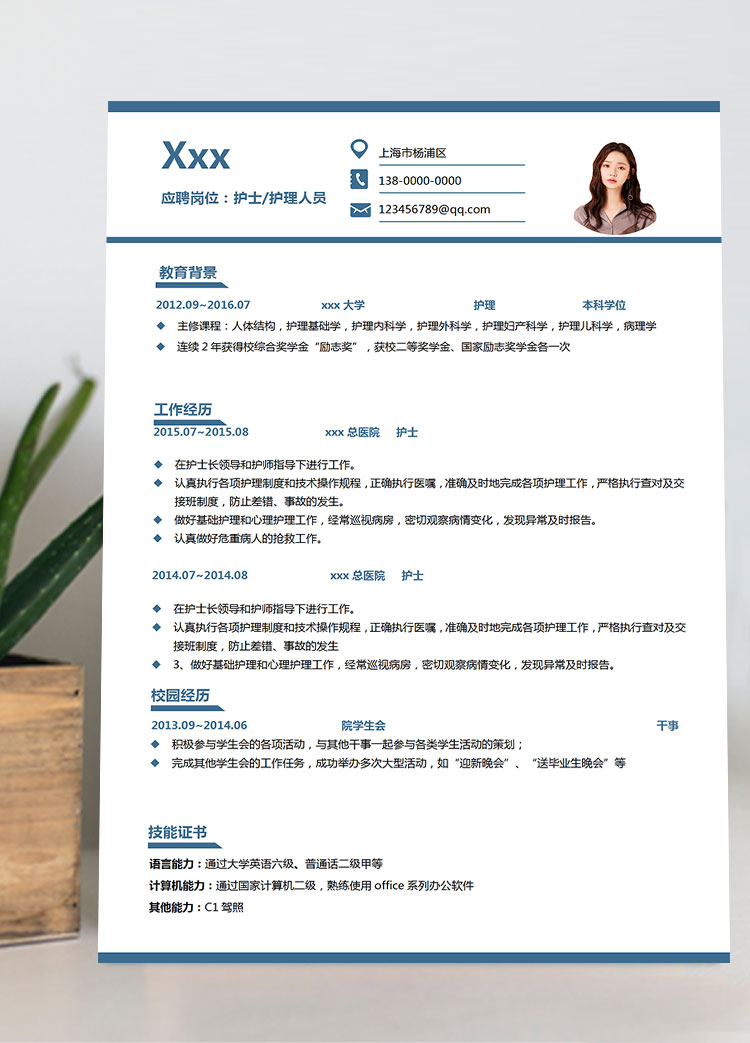 蔚藍色簡潔風護士護理簡歷模板