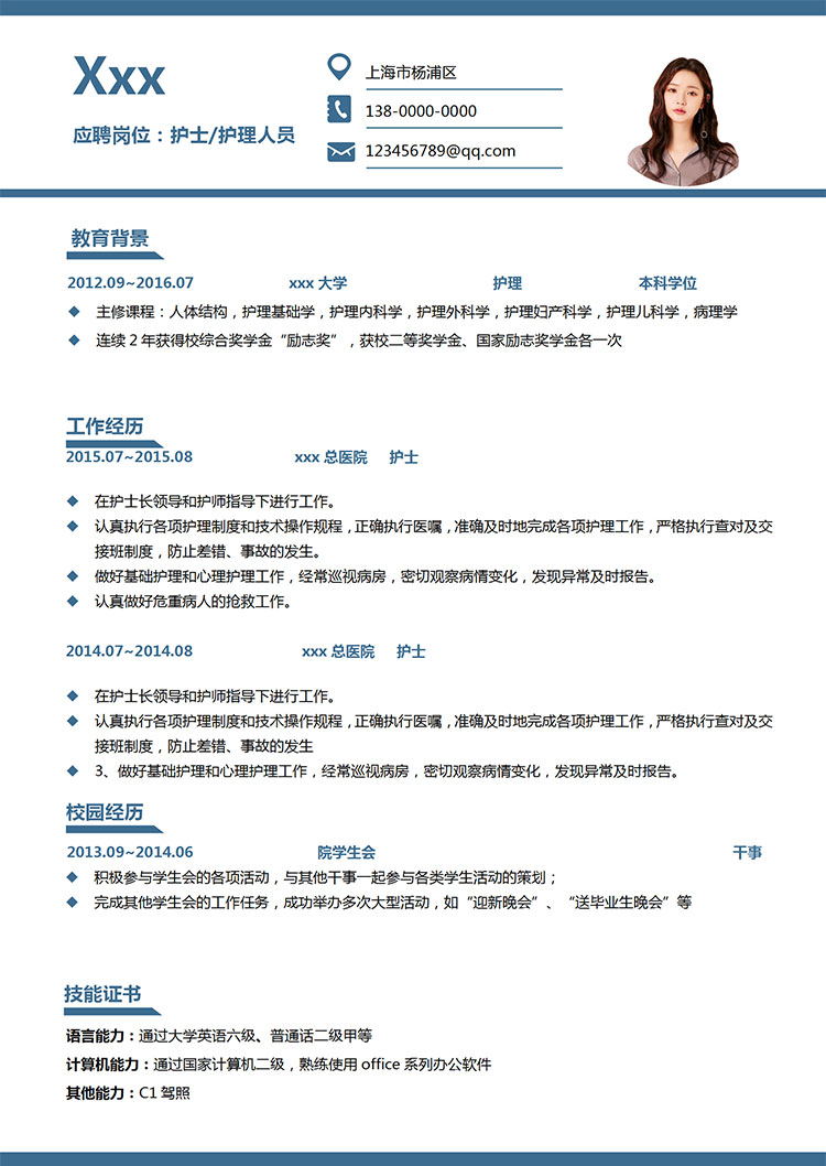 蔚藍色簡潔風護士護理簡歷模板-1