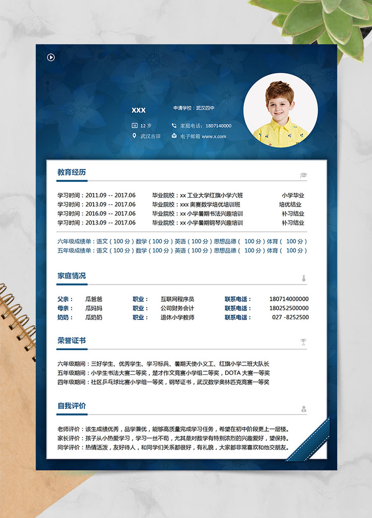 深藍色極簡風三好生小升初簡歷