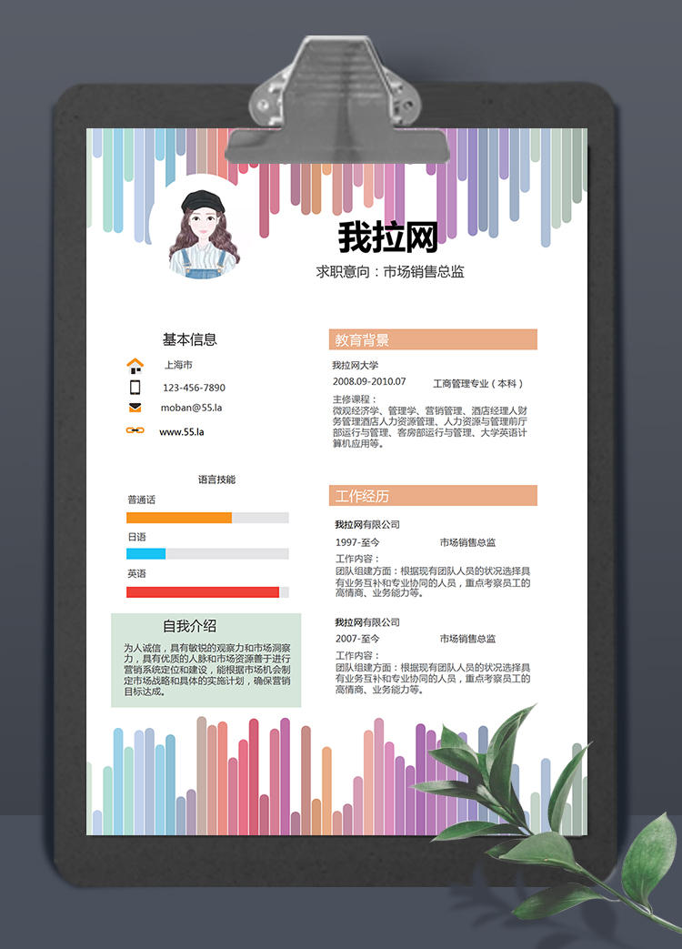 彩虹風格市場銷售總監求職簡歷word簡歷模板