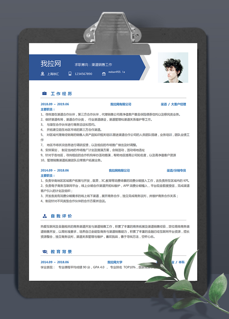 創意簡潔藍風渠道銷售個人求職簡歷模板