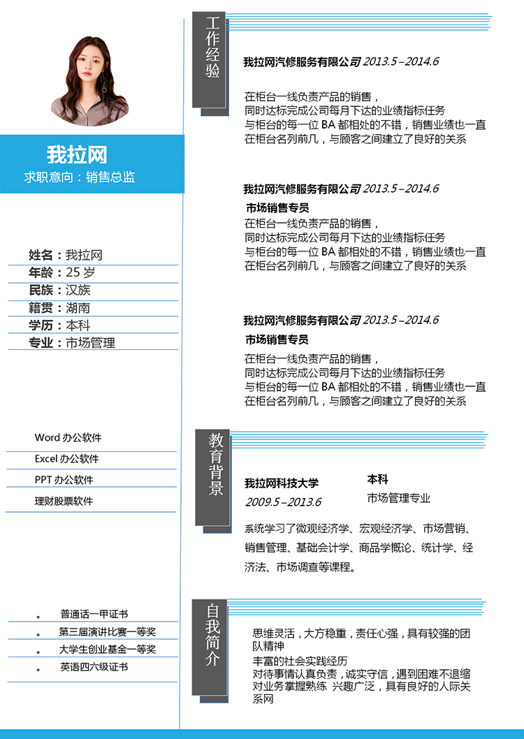 簡約灰藍線條銷售總監簡歷求職簡歷Word模板-1