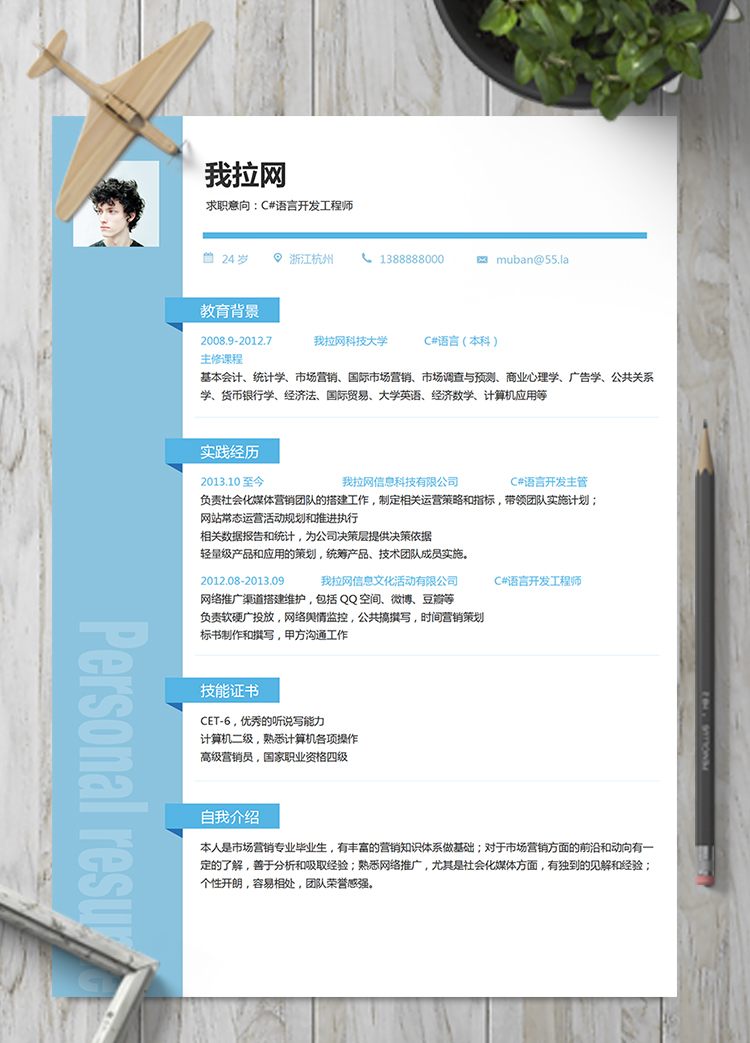 淡藍色優雅簡約C#語言開發工程師簡歷