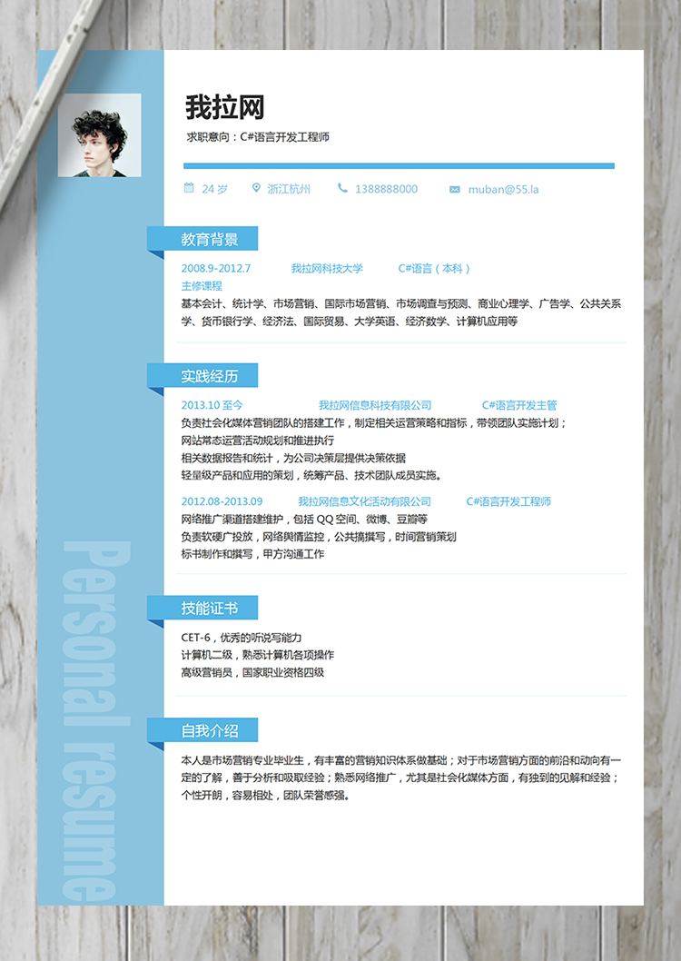 淡藍色優雅簡約C#語言開發工程師簡歷-1