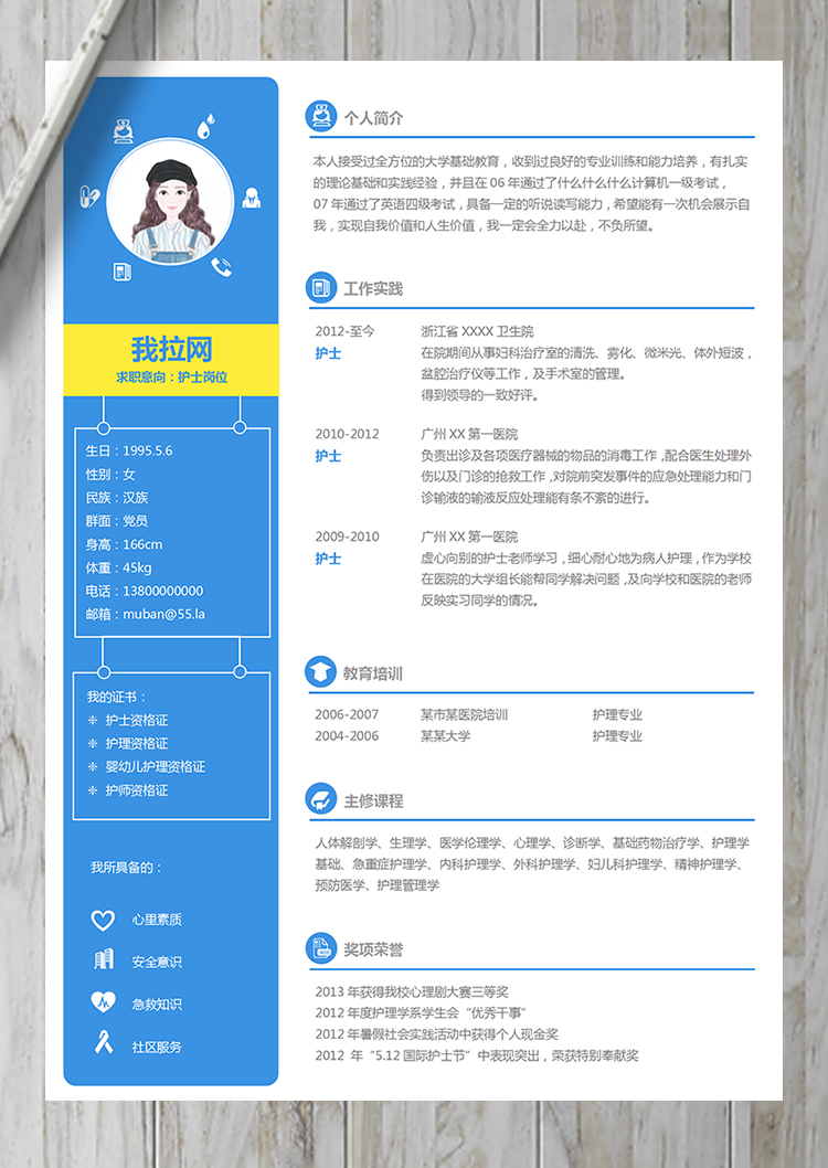 藍色明朗風(fēng)格護士護理簡歷模板-1