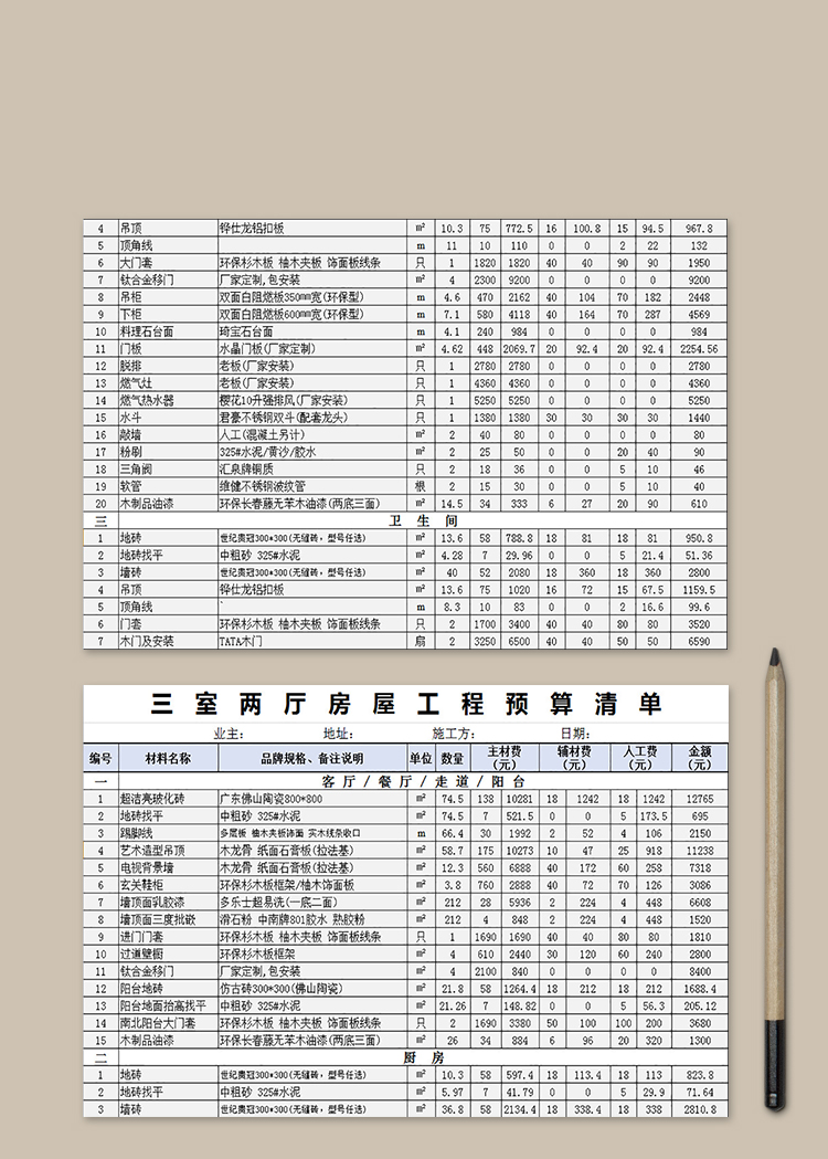 三室兩廳房屋裝修材料清單